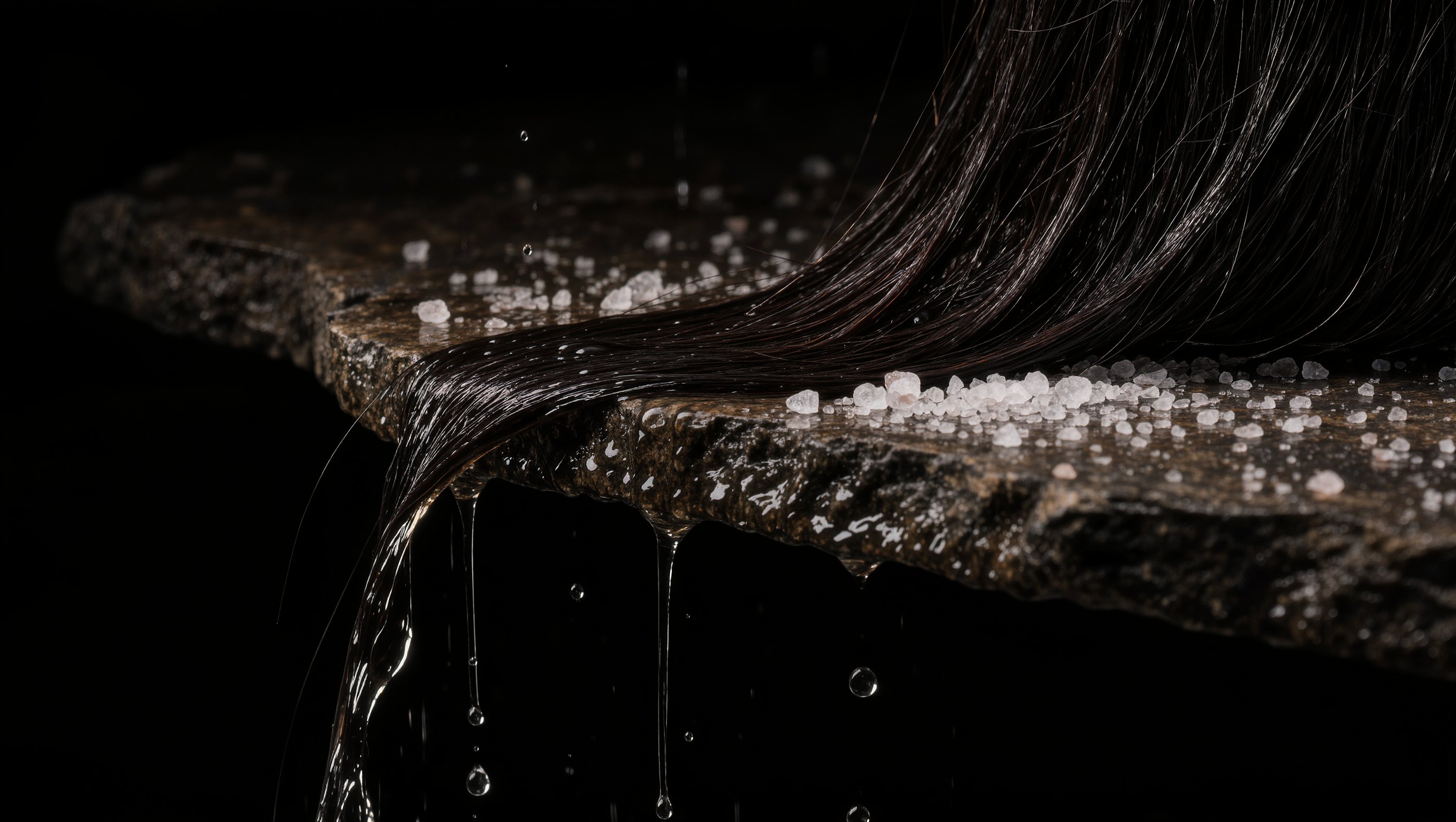 Nasses dunkles Haar über einer Steinkante, Wassertropfen und grobe Salzkristalle im warmen Licht