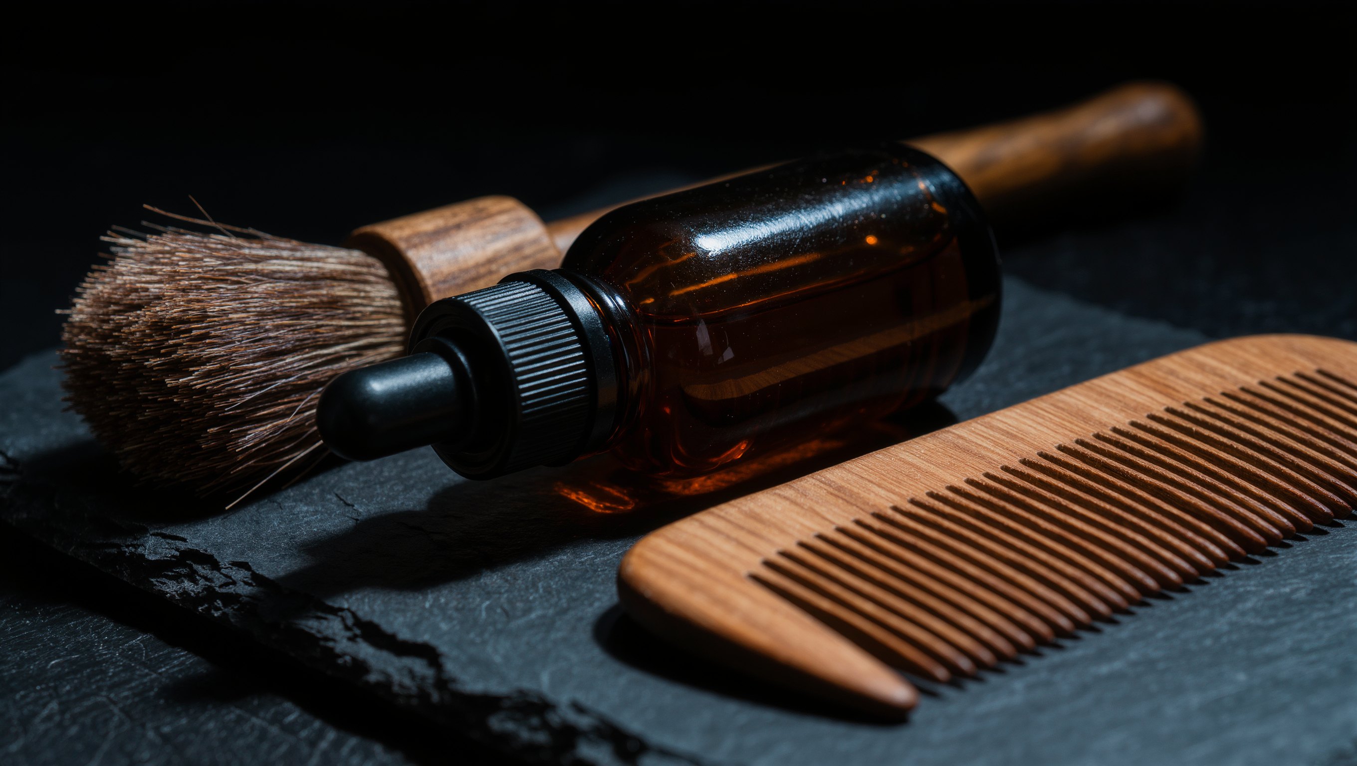 Ein Bartkamm aus Horn und eine dunkle Flasche Bartöl ohne Aufschrift auf grobem Holz im warmen Licht