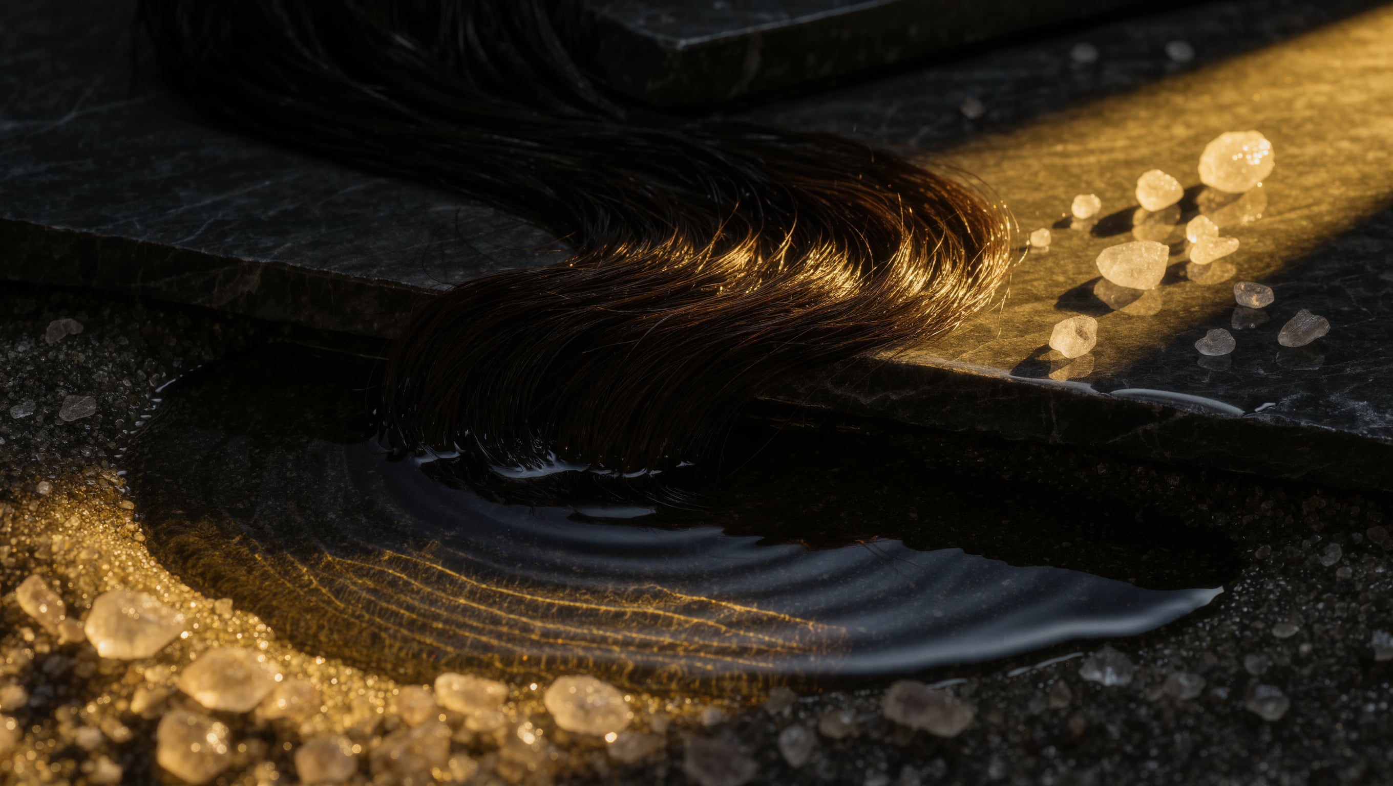 Nasse Haarsträhne über dunklem Naturstein, daneben ein flacher Wasserfilm und feine Mineralkristalle im warmen Streiflicht