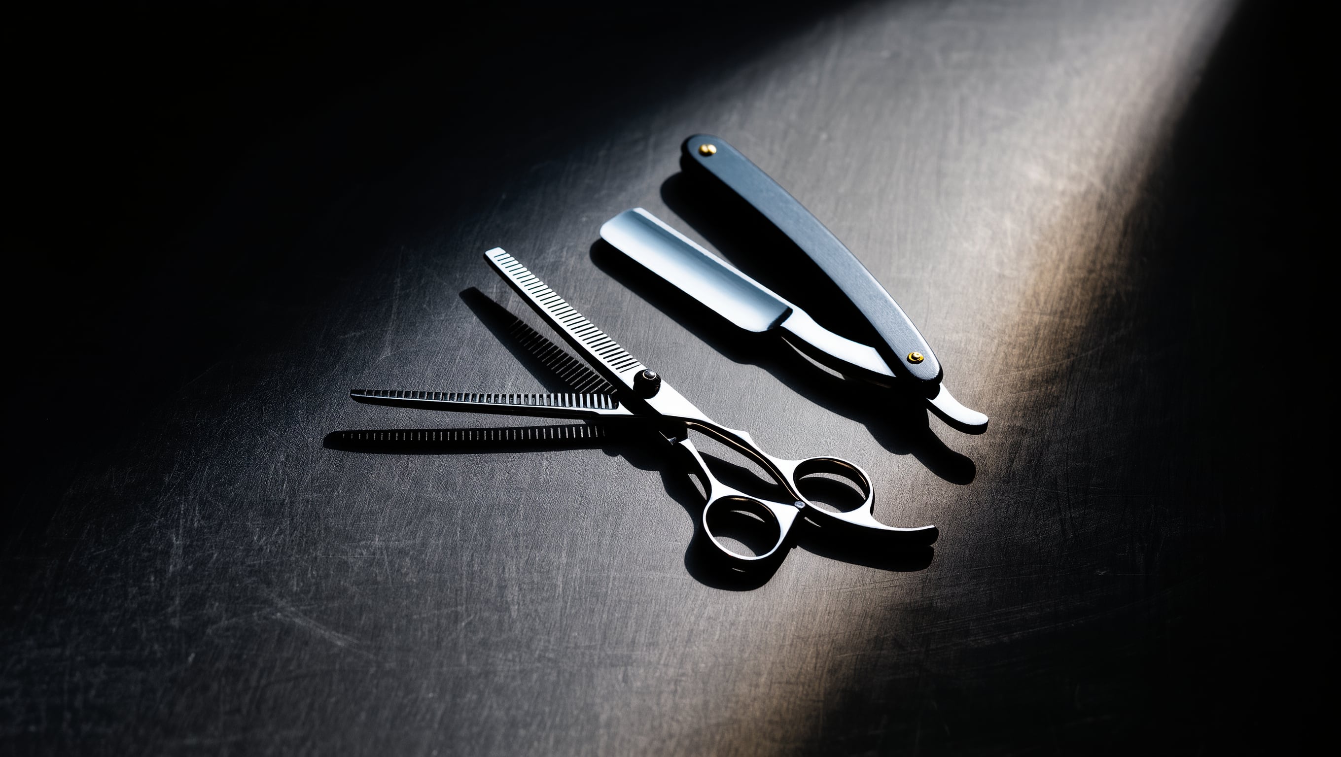Eine Friseurschere und ein Rasiermesser auf dunklem Stahltisch, scharfes Seitenlicht zeichnet die Schneidkanten nach