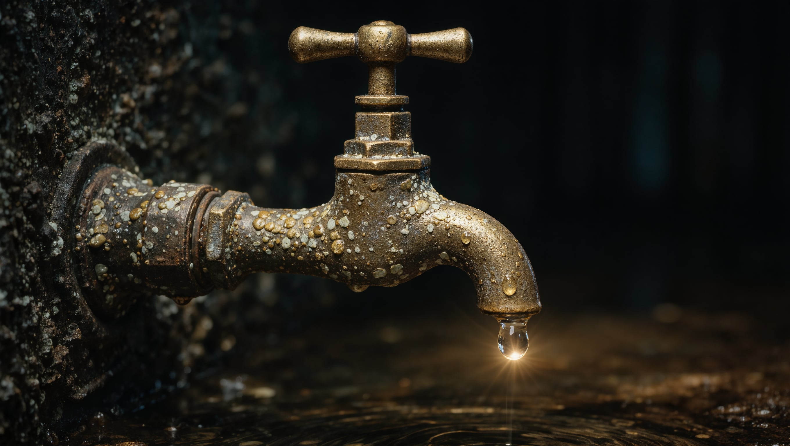 Kalkspuren an einer alten Messingarmatur im Halbdunkel, ein Wassertropfen fängt das Licht