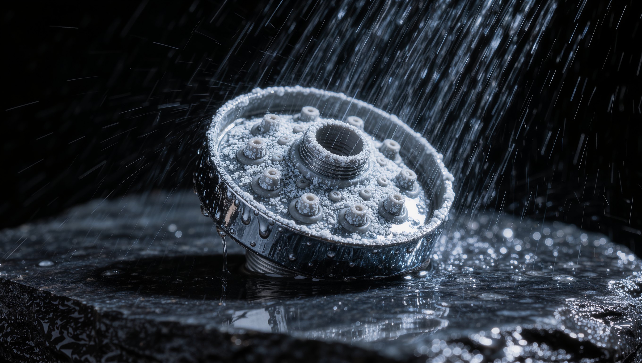 Ein zerlegter Duschkopf mit Kalkablagerungen auf dunklem Metall, ein feiner Wasserstrahl im Hintergrund