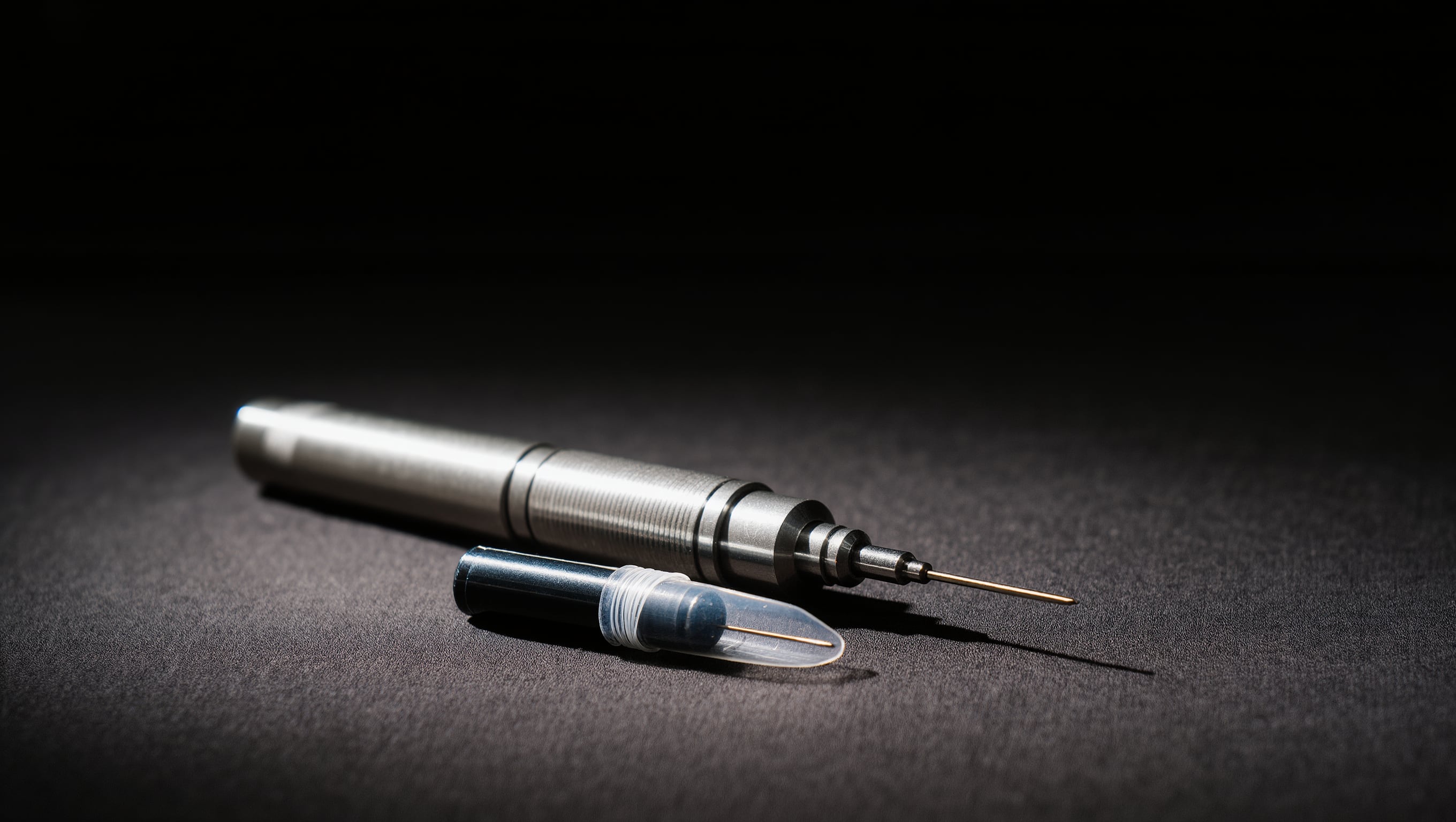 Ein Microneedling-Handstück und eine ungeöffnete Nadelkartusche auf dunkelgrauem Tuch im Streiflicht