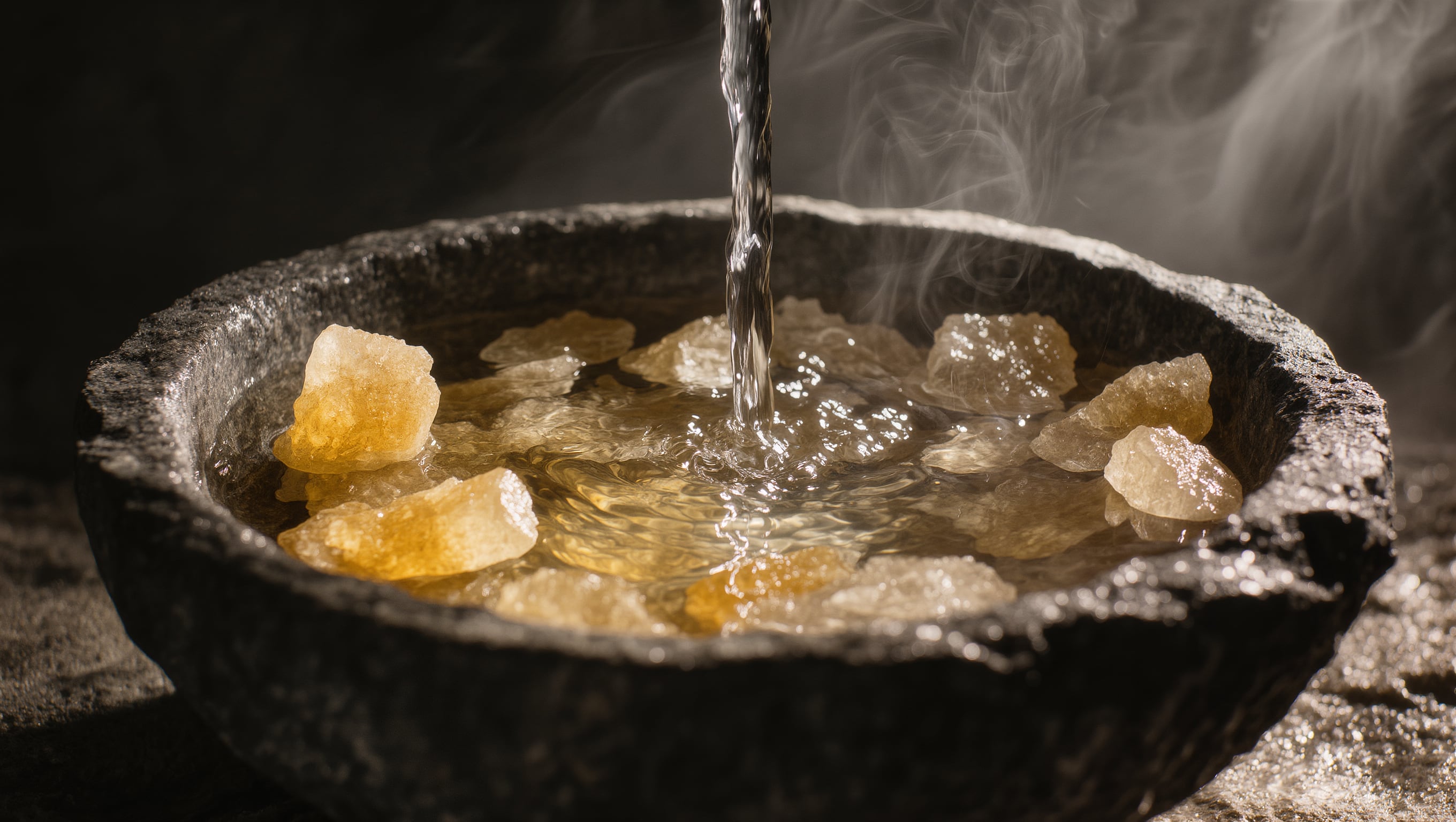 Klares Wasser läuft über grobe Mineralkristalle in einer dunklen Steinschale im warmen Gegenlicht